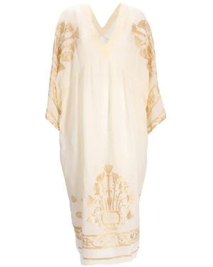 Greek Archaic Kori Embroidered Bell-Sleeve Midi Dress - White