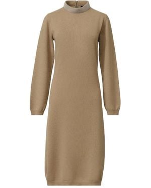 Fabiana Filippi High Neck Midi Dress With Puff Cuffs And Smooth Texture - Natural