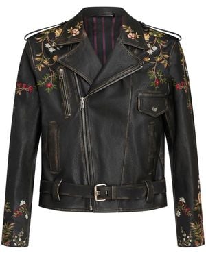 Etro Floral-Embroidery Leather Biker Jacket - Black