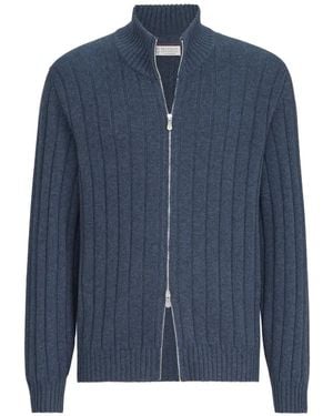 Brunello Cucinelli Cashmere Ribbed Cardigan With Zip - Blue