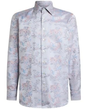 Etro Cotton Jacquard Shirt With Flower And Animal Motif - Blue