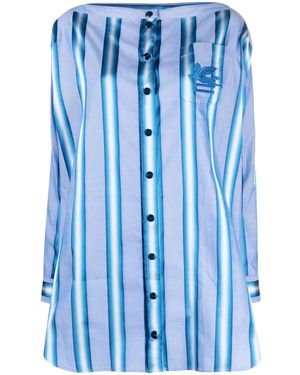 Etro Off-the-shoulder Embroidered Striped Cotton And Silk-blend Mini Shirt Dress - Blue