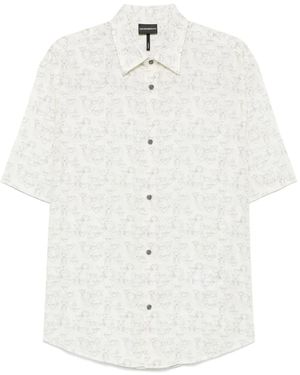 Emporio Armani Asv Lyocell-Blend Short-Sleeved Shirt With All-Over Eagle And Seaside Theme Print - White