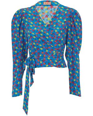 LHD Odalys Puffed Sleeve Floral Blouse - Blue