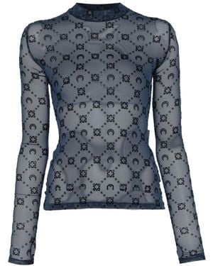 Marine Serre Moonogram Mesh Flock Long-Sleeve Highneck Top - Blue