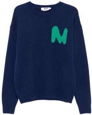 MSGM Intarsia-Knit Logo-Embroidered Sweater - Blue