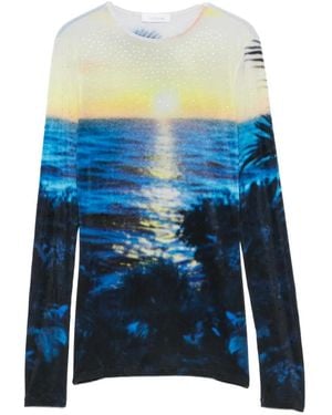Rabanne Crystal-Embellished Sunset-Print T-Shirt - Blue