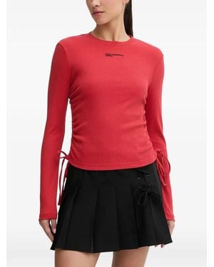 KARL LAGERFELD Ruched Ribbed Drawstring Top - Red