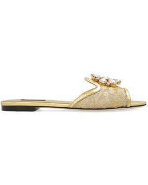 Dolce & Gabbana Bianca Lace Brooch-Detail Slides - Metallic