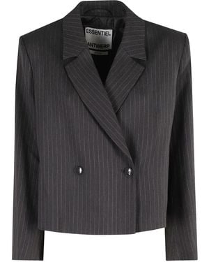 Essentiel Antwerp Pinstripe Double-Breasted Cropped Blazer - Black
