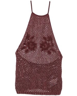Amiri Sequin-Embellished Open-Knit Top - Red