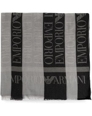 Emporio Armani Logo-Print Fringed Scarf - Black