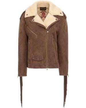 Roberto Cavalli Shearling-Trimmed Fringed Leather Jacket - Brown