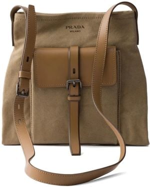 Prada Route Canvas En Leren Schoudertas - Bruin