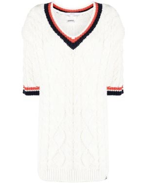Pushbutton Three-Quarter Sleeve Cable-Knit Top - White