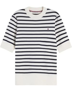 Tommy Hilfiger Horizontal-Stripe Short-Sleeve Sweater - Grey