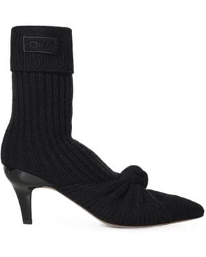 Chloé Knot-Detail Ribbed-Knit Ankle Boots - Black