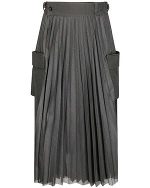 Sacai Glen Pleated Checked Midi Skirt - Grey