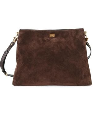 Dolce & Gabbana Logo-Plaque Suede Shoulder Bag - Brown