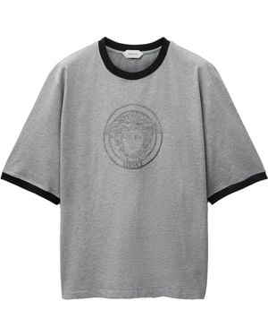 Versace Camiseta De Jersey De Algodón Con Logo Estampado - Gris