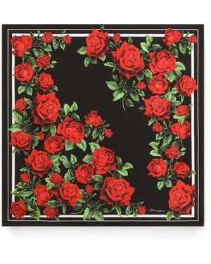 Dolce & Gabbana 90X90 Rose-Print Silk Twill Scarf - Red