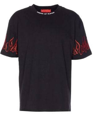 Vision Of Super Embroidered-Flame Crew Neck T-Shirt - Black