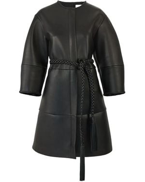 Carolina Herrera Arc Sleeve Leather Coat With Braided Belt - Black