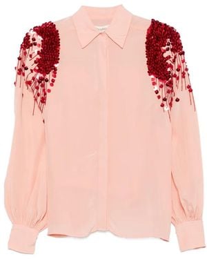 Psophia Sequin-Embellished Bead-Fringe Shirt - Pink