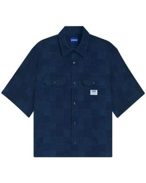 HUGO Ekyno Chest-Pocket Checked Shirt - Blue