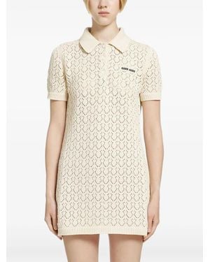 Miu Miu Robe Courte En Maille Pointelle À Patch Logo - White