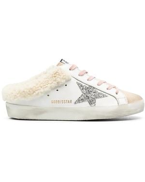 Golden Goose Super- Star Sabot Suede Toe Shearling Lining Glitter Star Shoes - White