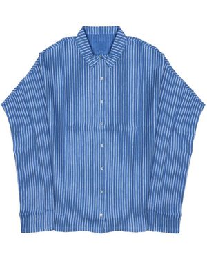 120% Lino Camisa A Rayas Verticales - Azul