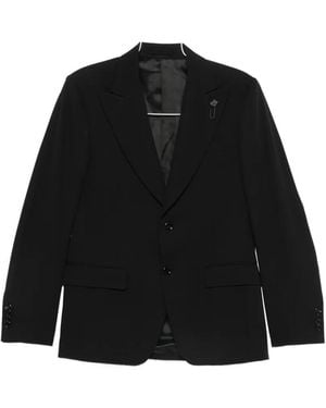 Lardini Peak-Lapel Flower-Pin Blazer - Black