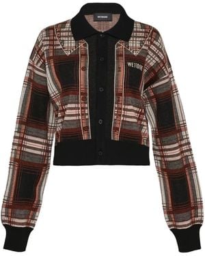 we11done Plaid-Knit Collared Cardigan - Black