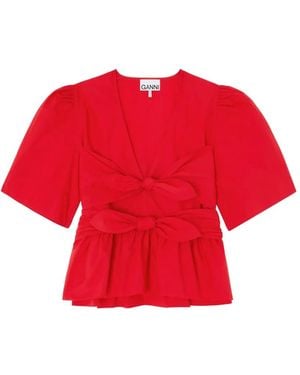 Ganni Bow-Detail Peplum-Hem Blouse - Red