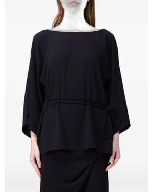 Hanita Belted Boat-Neck Blouse - Black