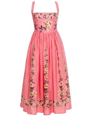 Agua Bendita Mielero Promesa Floral-Print Embroidered Midi Dress - Pink