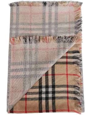 Burberry Fringed Checked Scarf - Grey