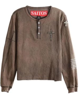 SAITOS Public Image Distressed Long-Sleeve Henley T-Shirt - Brown