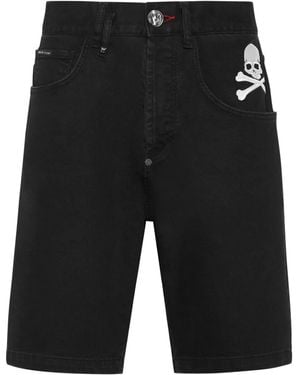 Philipp Plein Skull-Embroidered Denim Shorts - Black