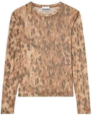 Ganni Animal Print Long-Sleeved Top - Natural