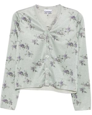 Ganni Floral-Print Metallic-Effect Cardigan - White