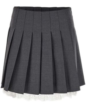 Self-Portrait Pleated Lace-Trim Mini Skirt - Grey
