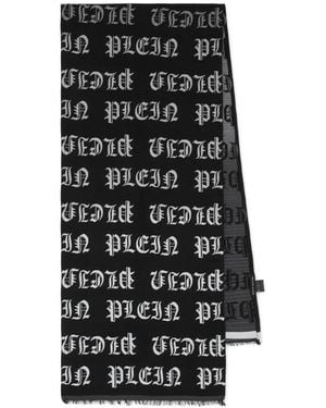 Philipp Plein Logo-Lettering Frayed Scarf - Black