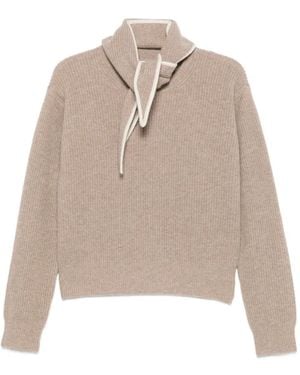 Sandro Ribbed-Knit Scarf-Detail Wool Sweater - Natural