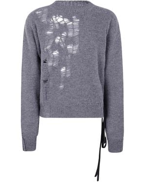 Ann Demeulemeester Gerafelde Wollen Trui Met Gestrikte Zijkant - Blauw