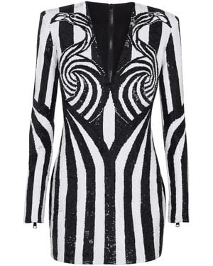 Balmain Embroidered Stripe Short Dress - Black