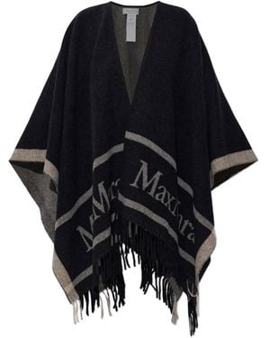 Max Mara Logo-Intarsia Fringed Cape - Black