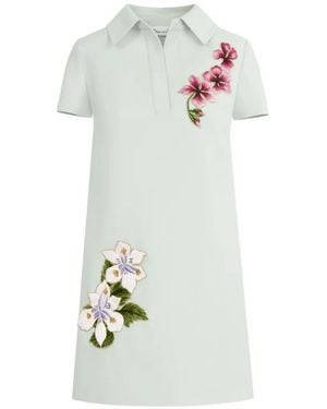 Oscar de la Renta Dominican Mixed-Floral Threadwork Shift Dress - White