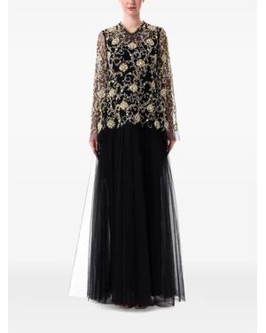 Dina Melwani Floral-Embellished Layered Maxi Dress - Black